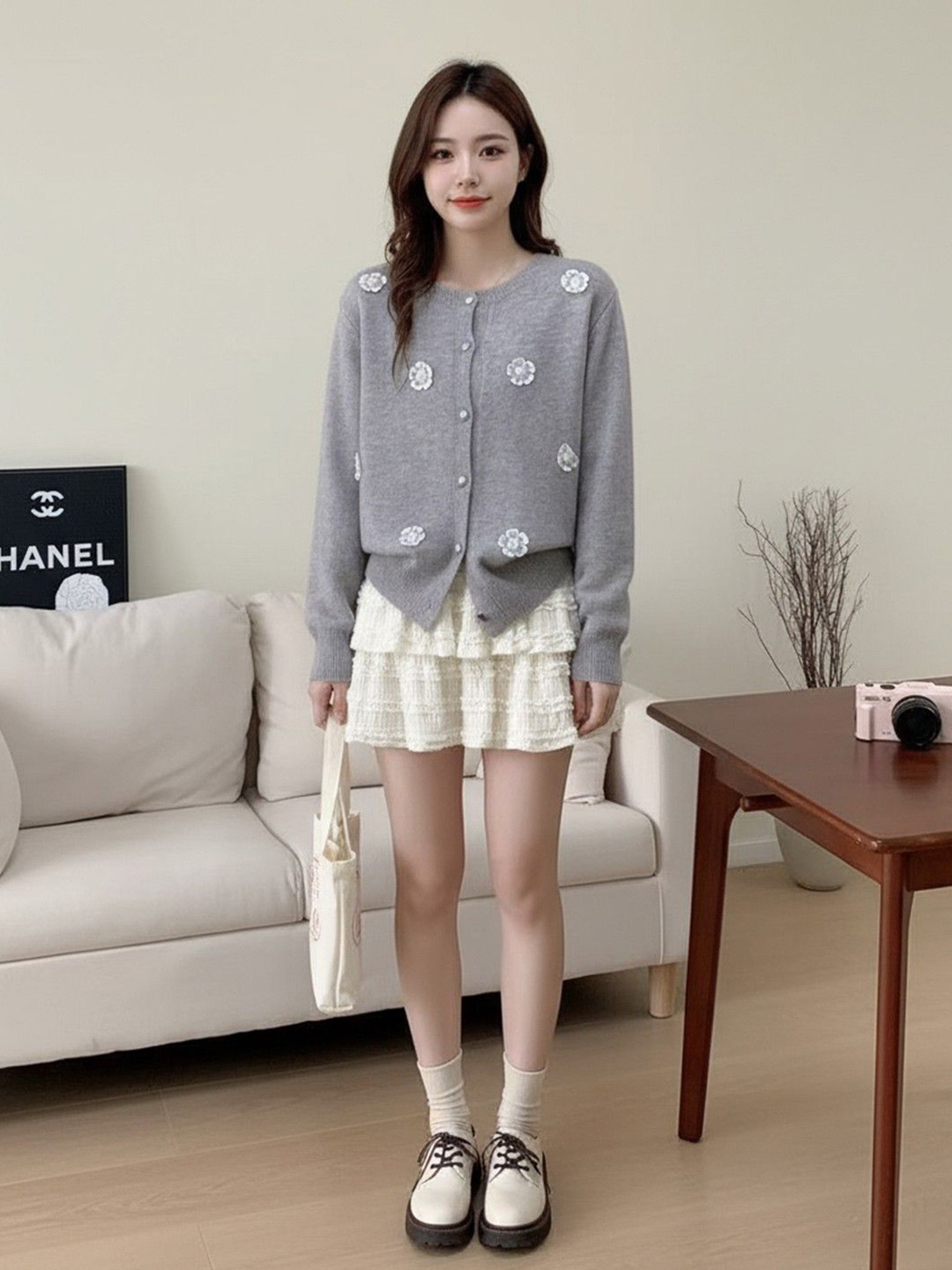 HERE&NOW Women Round Neck Cashmere Cardigan with Applique Detail