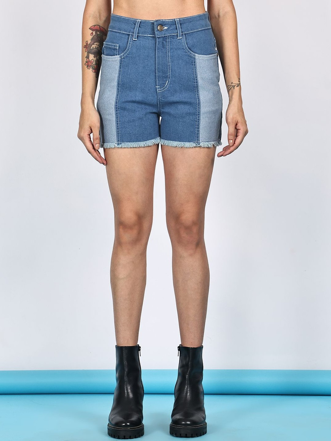 Mast & Harbour Women High-Rise Two-Tone Denim Shorts