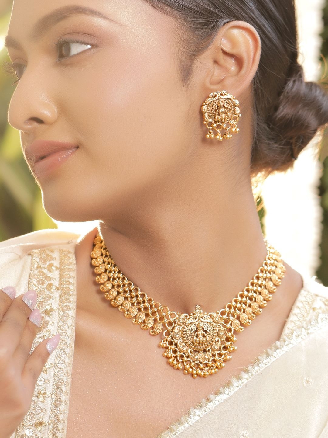 Rubans 22KT Gold-Plated Beaded Goddess Lakshmi Temple Jewellery Set