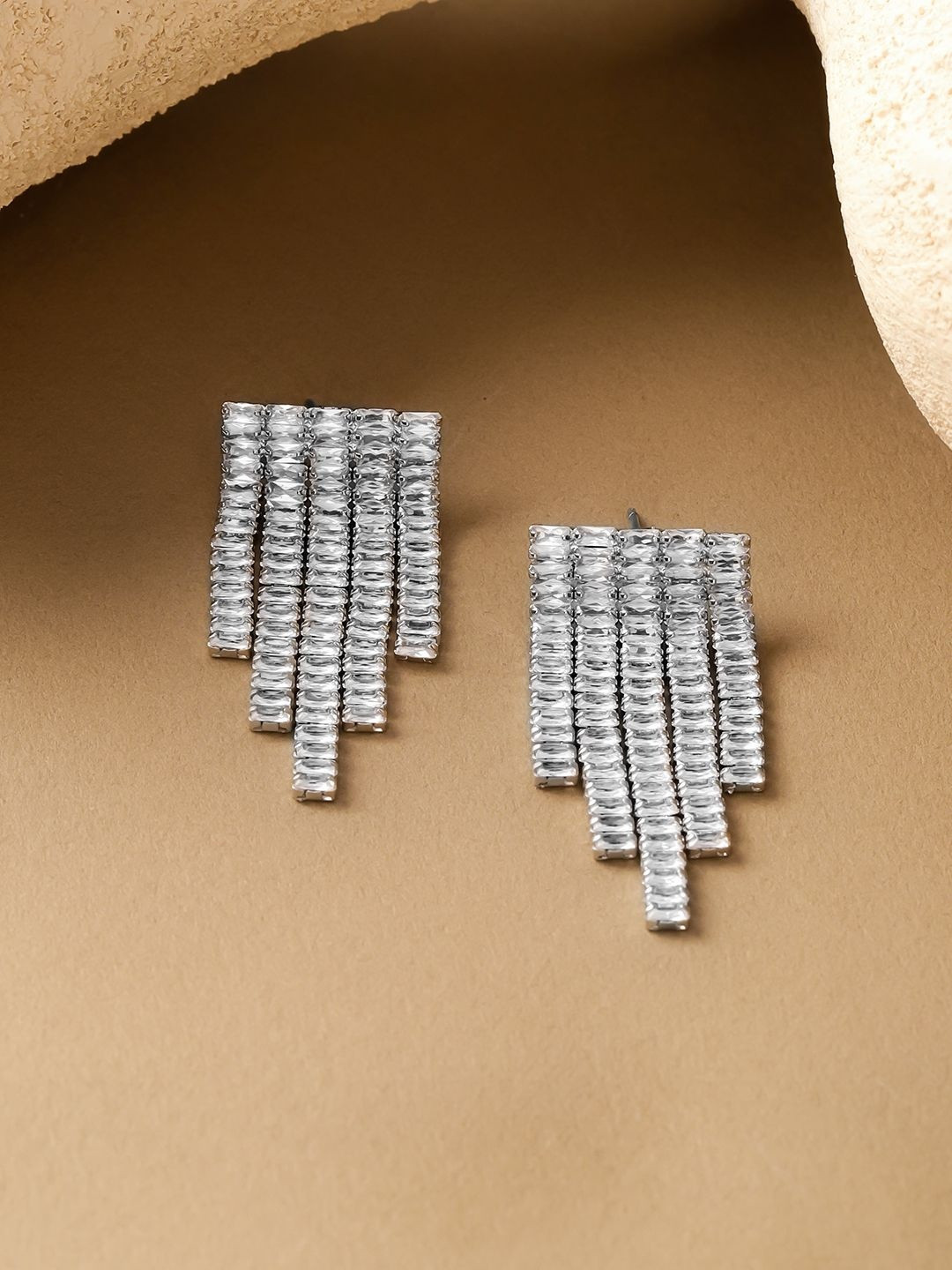 Rubans Rhodium-Plated Brass Clear Crystal AD Stones Tassel Dangler Earrings