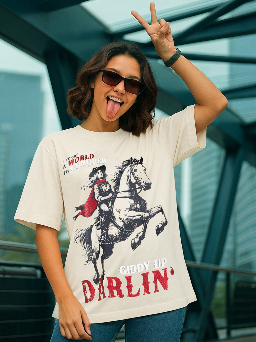 Bewakoof Heavy Duty Women's Beige Darling Graphic Printed Oversized T-shirt