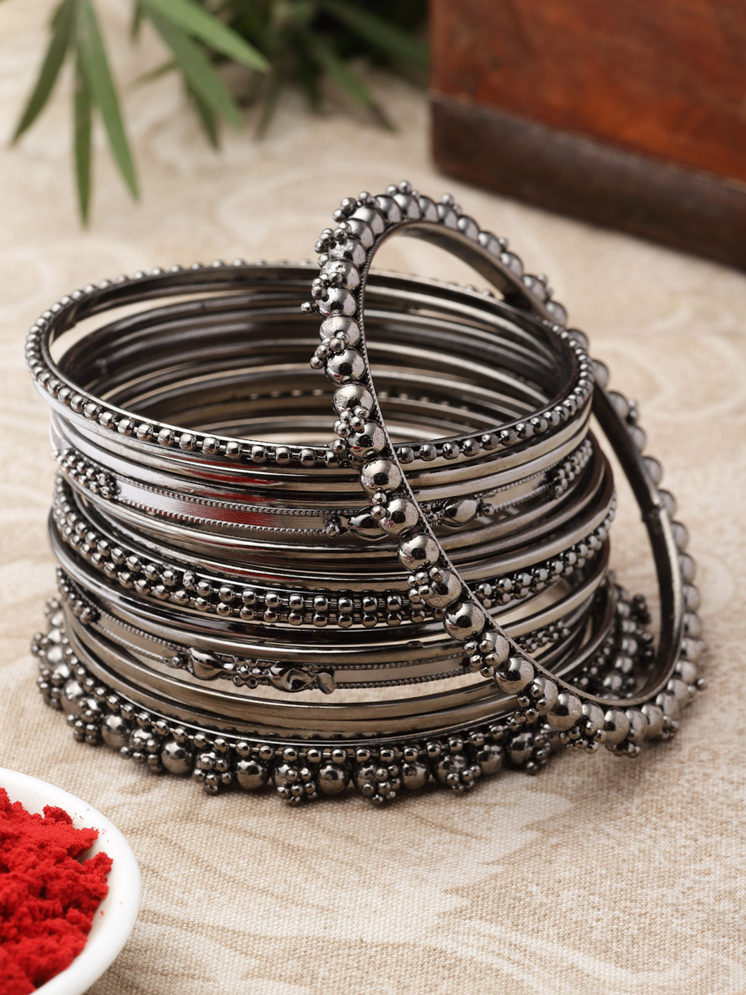ZENEME Set Of 20 Silver-Plated Textured Oxidised Bangles