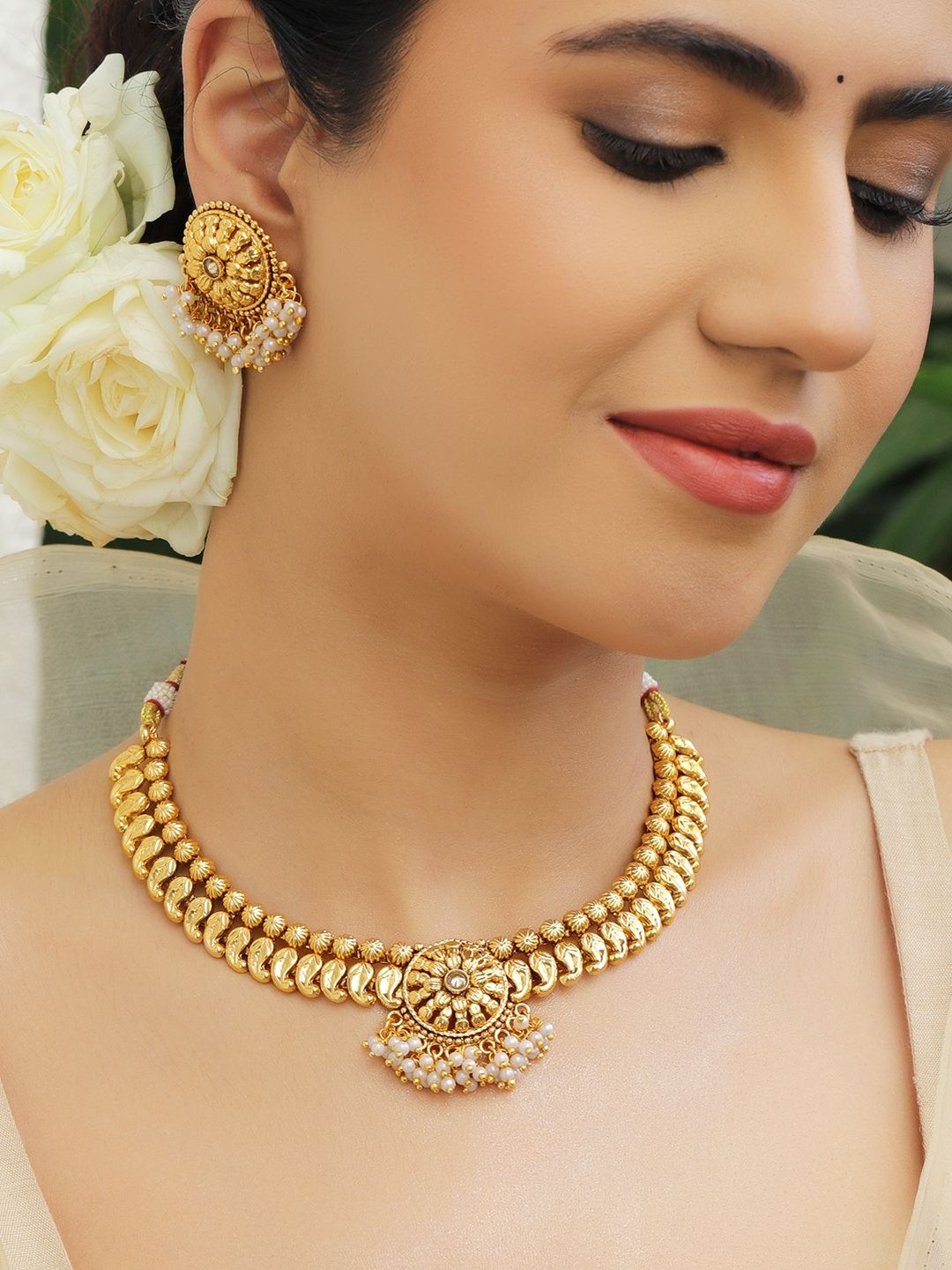 Rubans 22K Gold-Plated White Stone & Pearl Cluster Beaded Floral Motif Jewellery Set