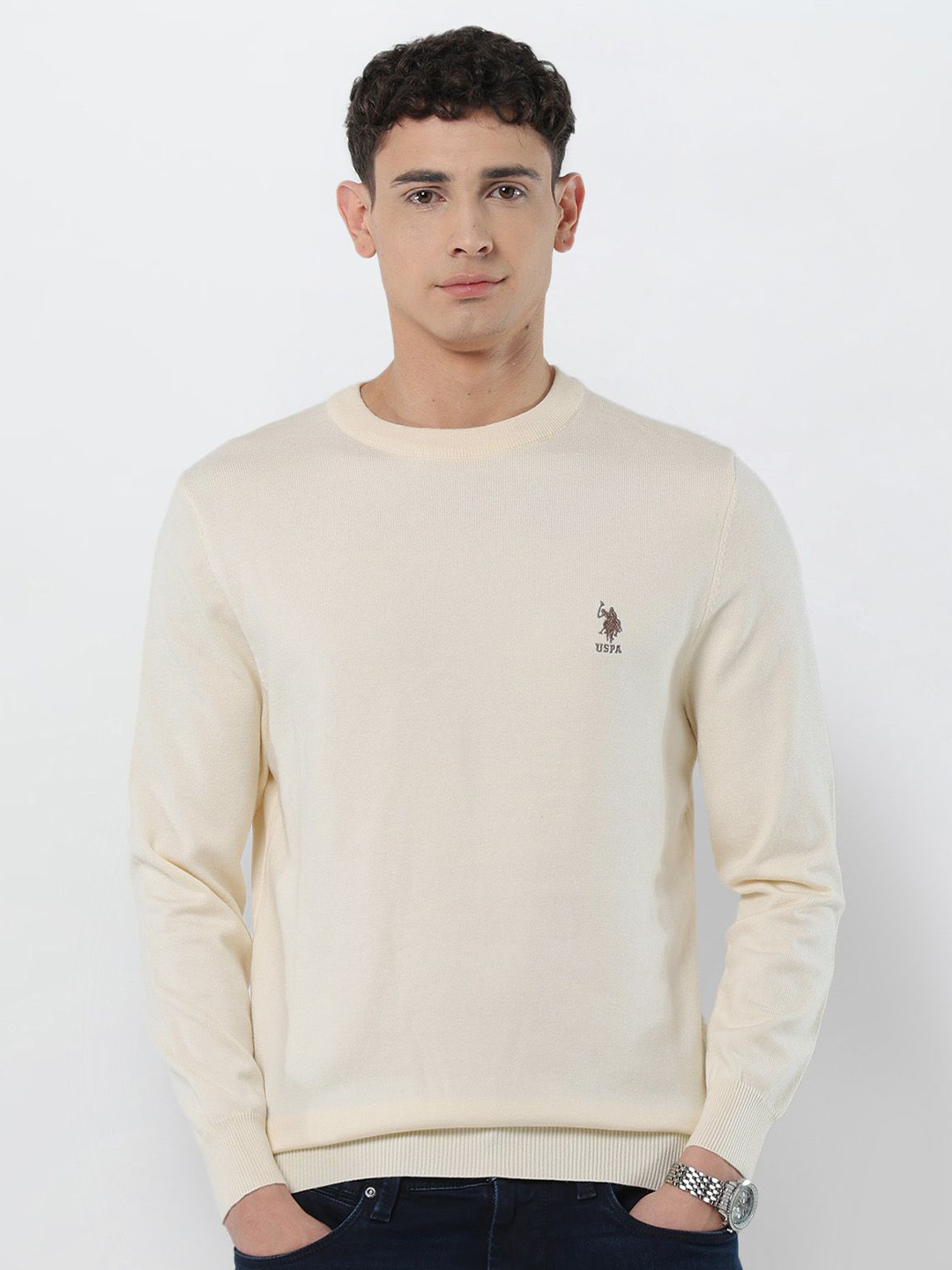 U.S. Polo Assn. Men Solid Regular Fit Pullover Sweater with Embroidered Detail