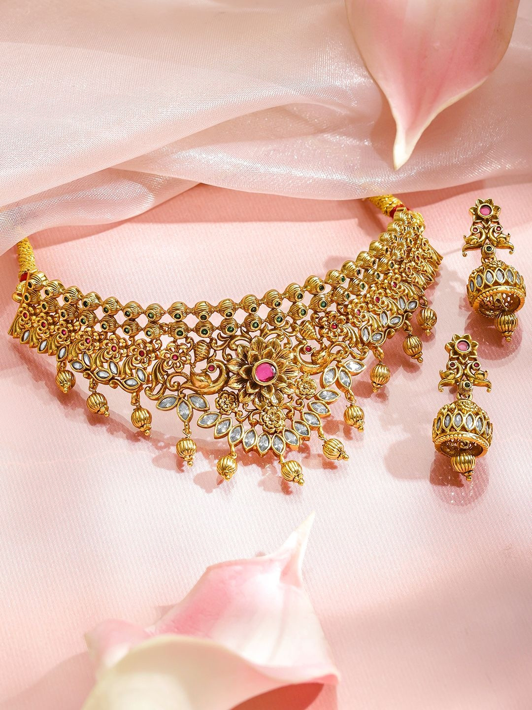 Rubans 18K Gold-Plated Ruby Studded Necklace With Earrings