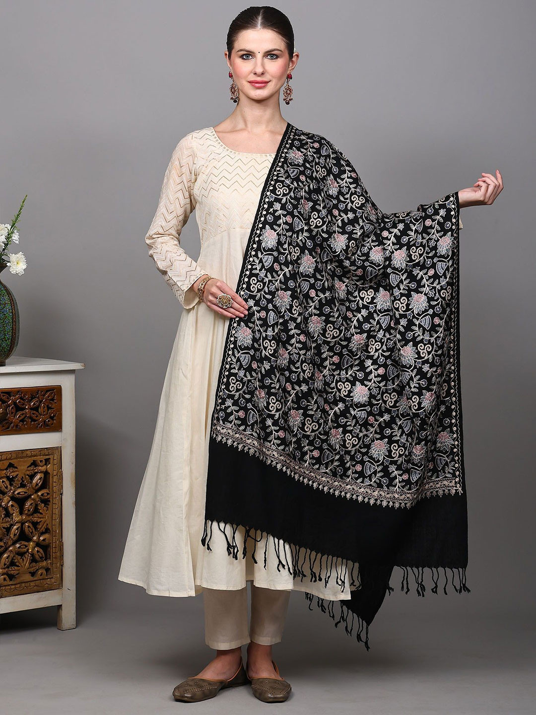 Exotic India Floral Chain Stitch Embroidered Thread Work Pure Woollen Shawl