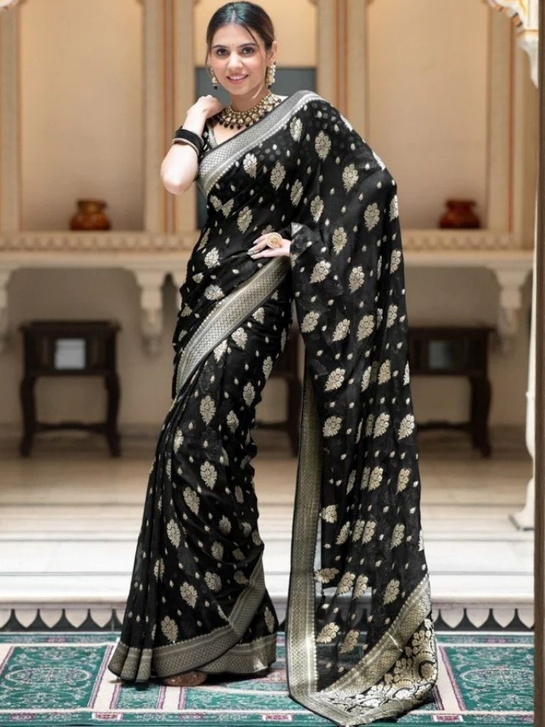 VASTRAAVEDAA Ethnic Motifs Zari Art Silk Heavy Work Banarasi Saree