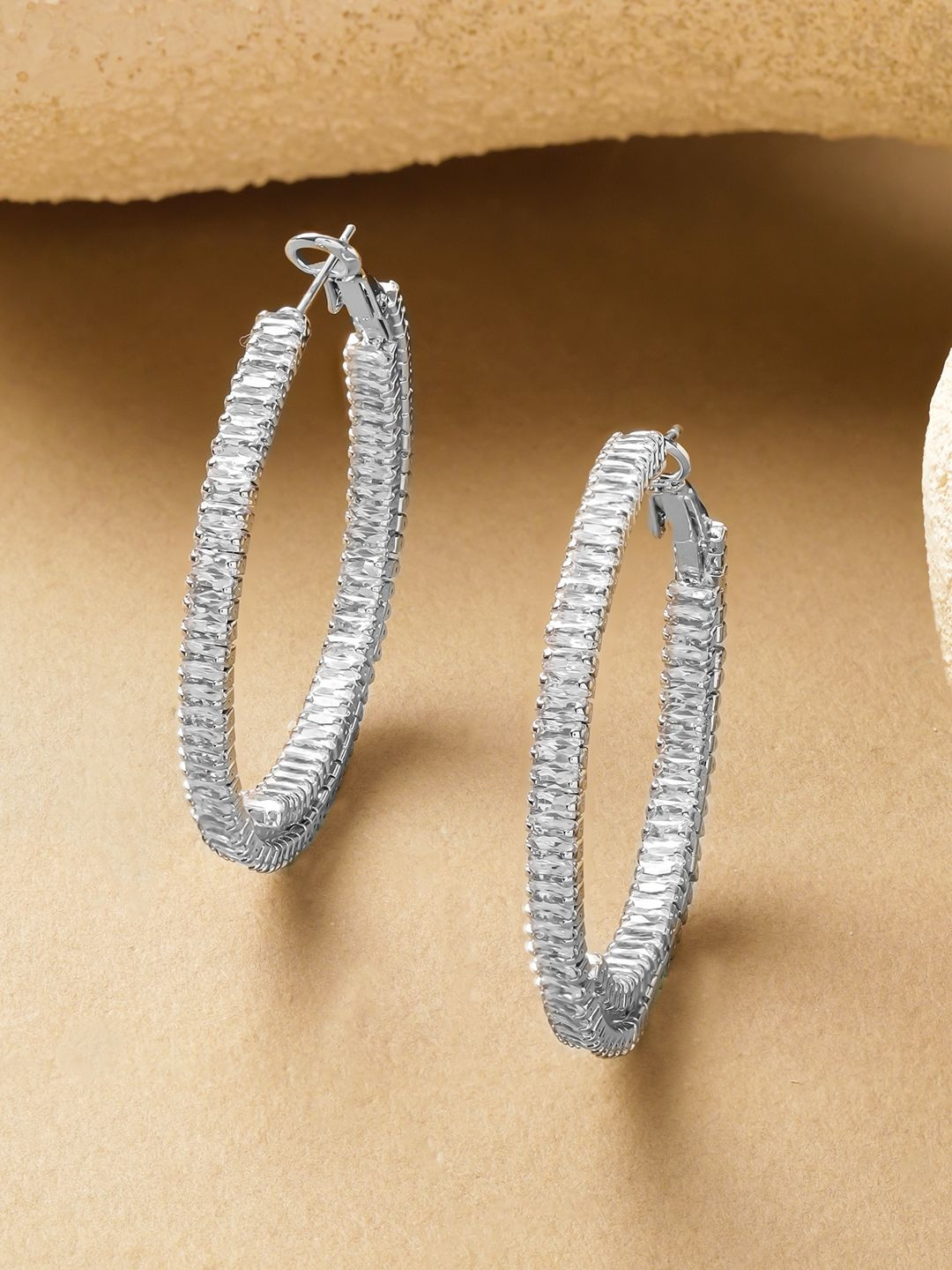 Rubans Voguish Rhodium-Plated Brass Textured Hoop Earrings with Crystal Stones
