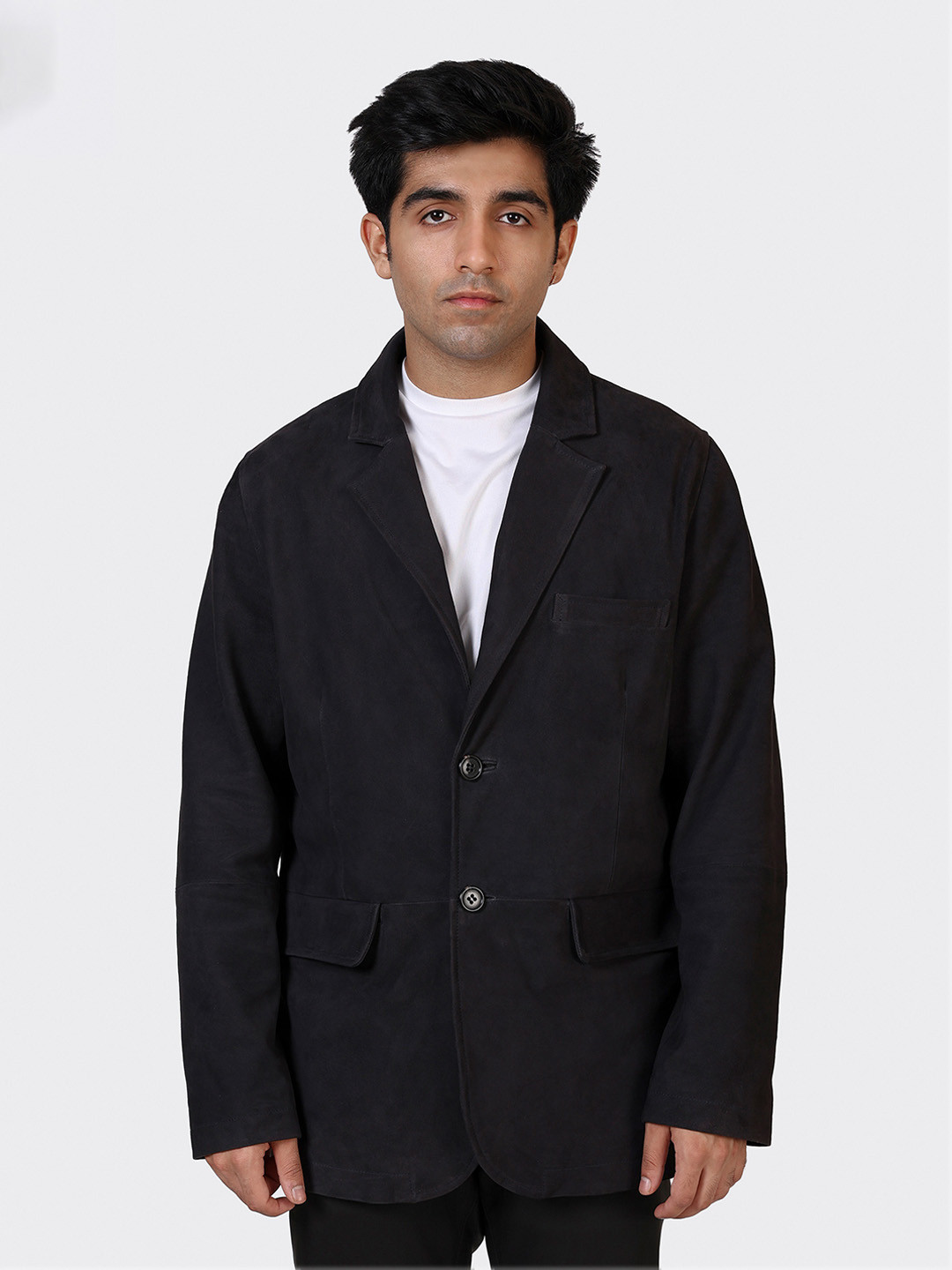 HUE & HIDE Men Solid Leather Single Breasted Blazer