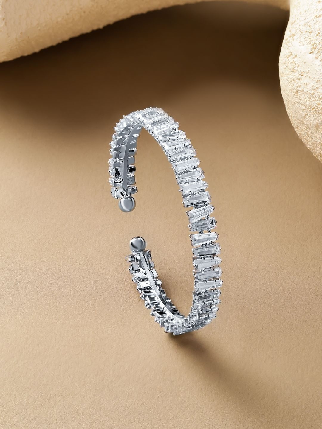 Rubans Rhodium-Plated Brass Baguette-Cut Crystal AD Stones Openable Cuff Bracelet