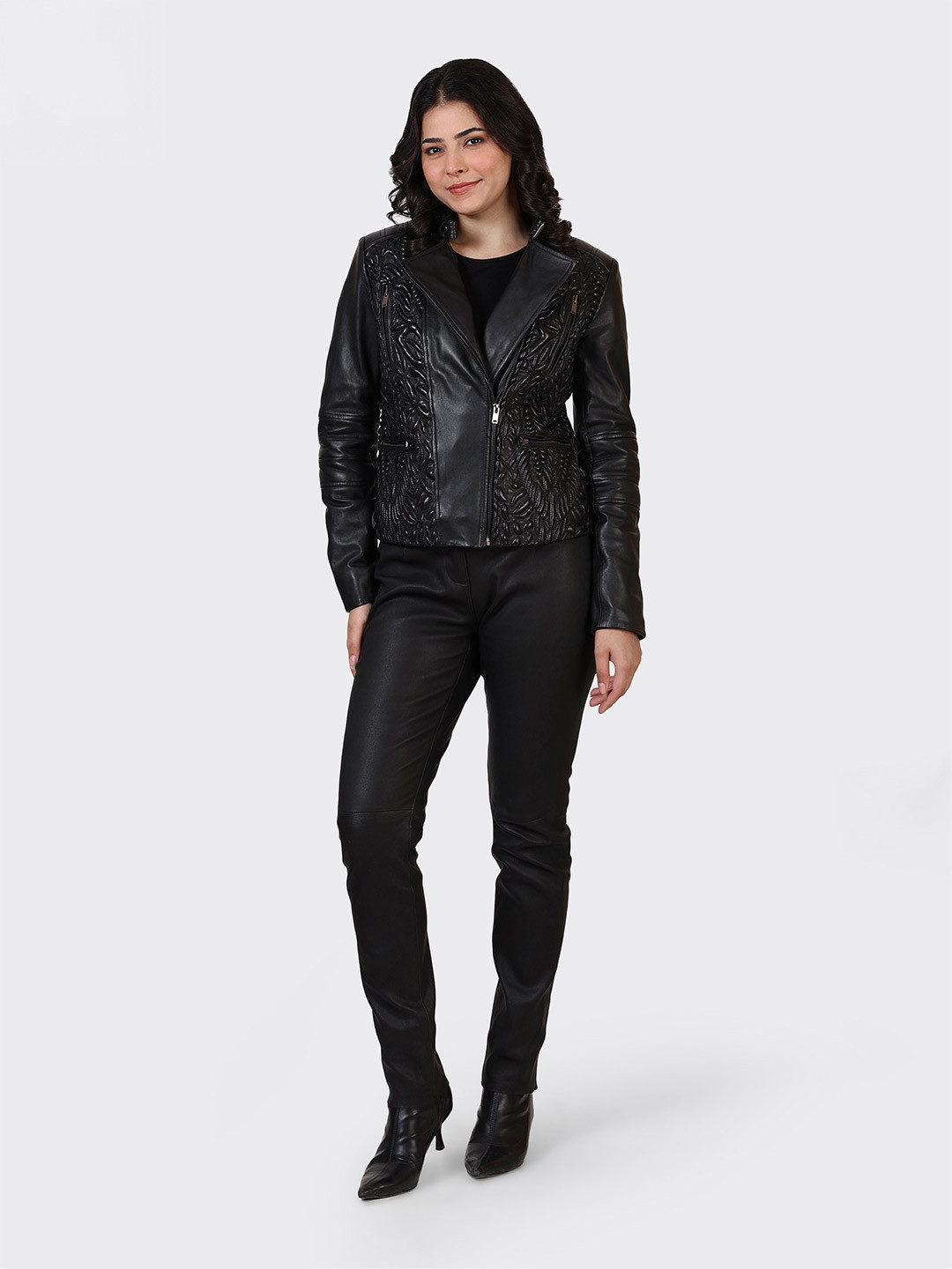 HUE & HIDE Women Lapel Collar Floral Self Design Biker Leather Jacket