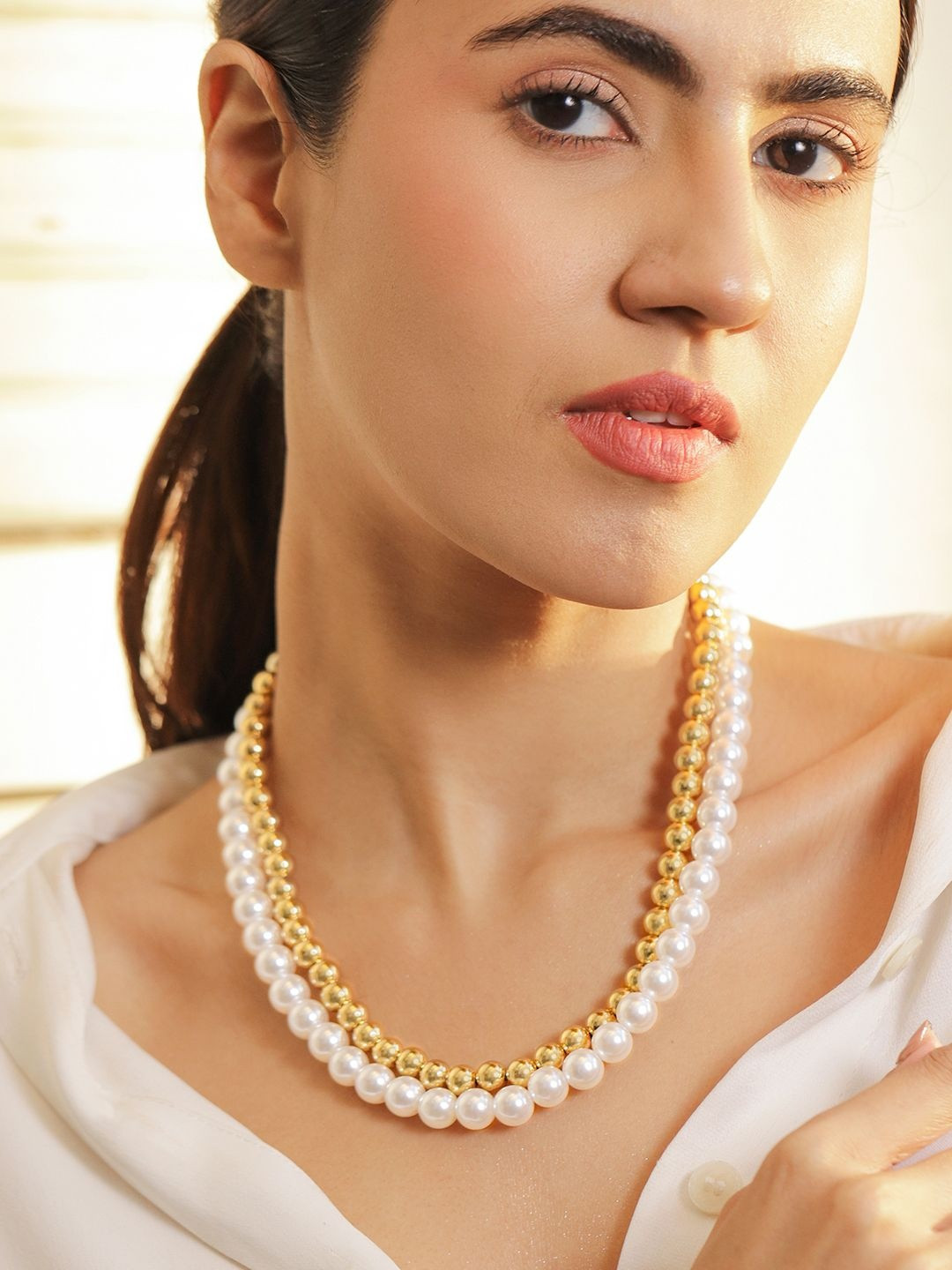 Rubans 22K Gold-Plated Dual Layer Necklace with White Pearls & Golden Beads