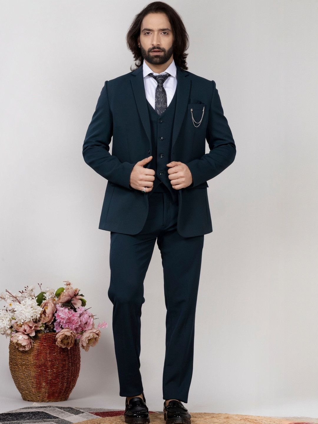 AEN FASHION Men Knitted Textured Double-Breasted Three-Piece Suit