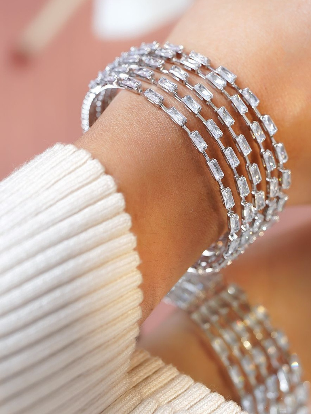 Rubans Rhodium-Plated Brass Clear Cubic Zirconia Baguette Multi-Layer Open Cuff Bracelet
