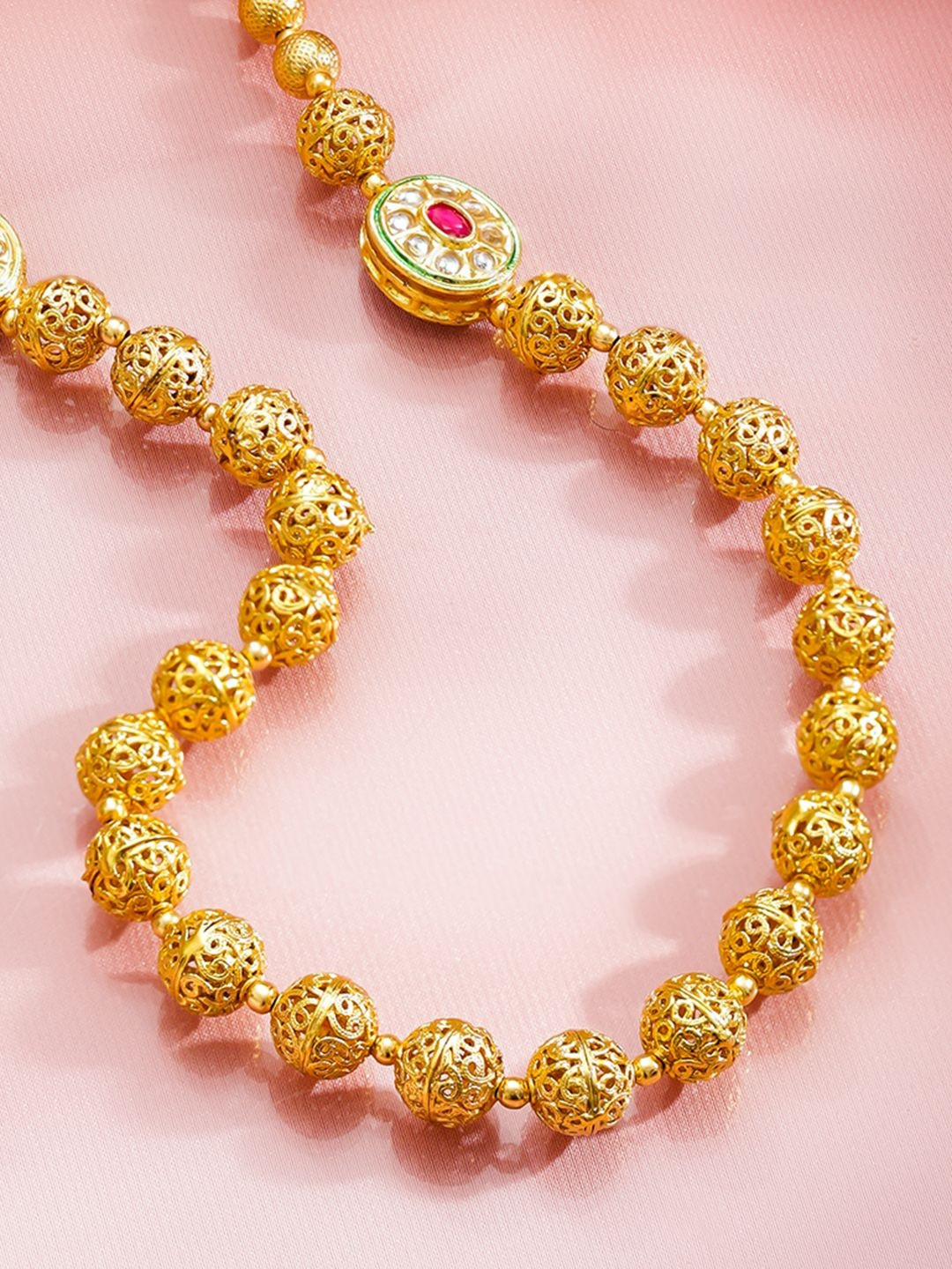 Rubans 18K Gold-Plated Golden Beaded Long Necklace with Ruby Red & White Kundan