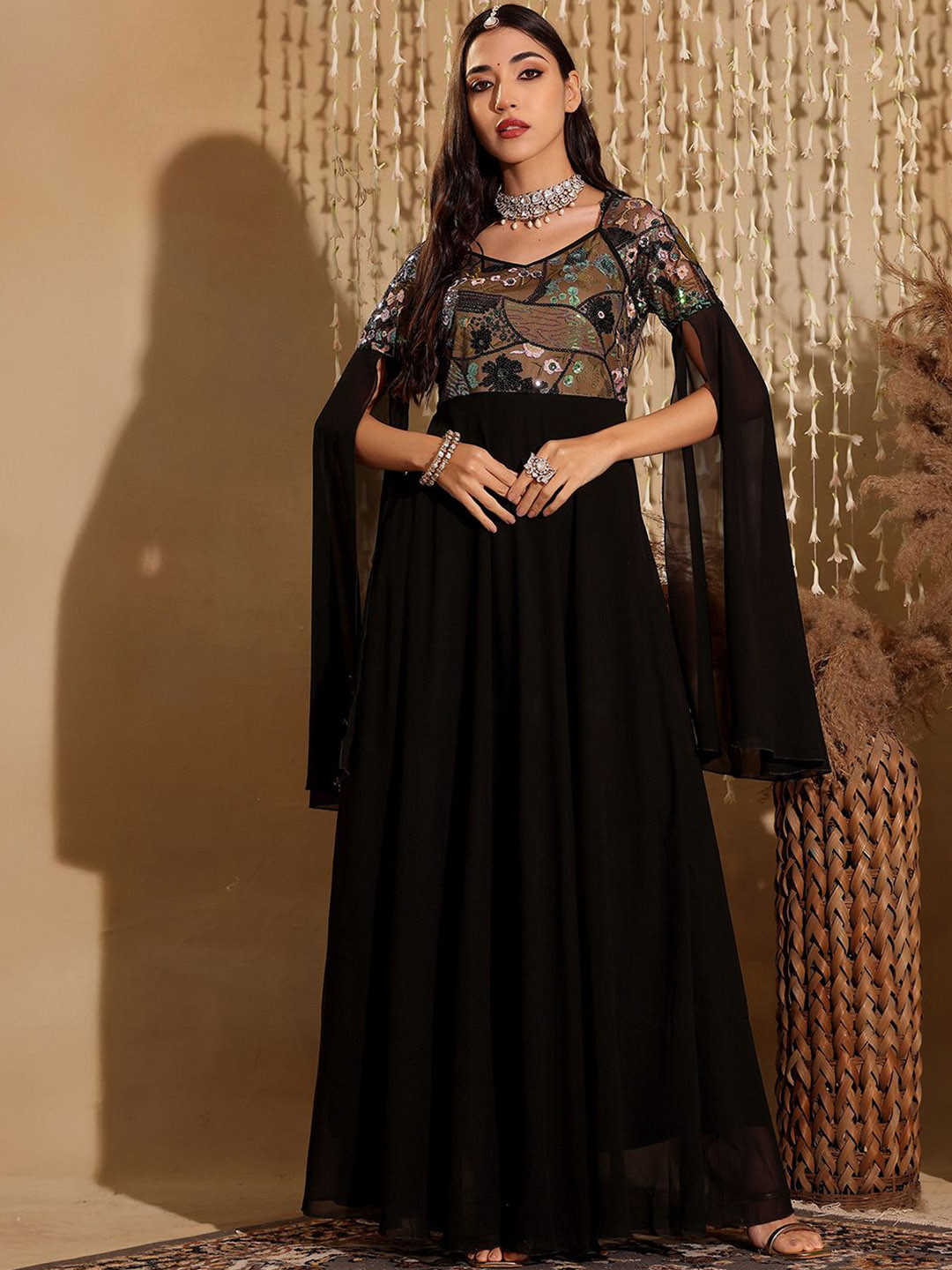 Miss Chase Floral Sequined & Beaded Sweetheart Neck Slit Sleeve Fit & Flare Ethnic Dress