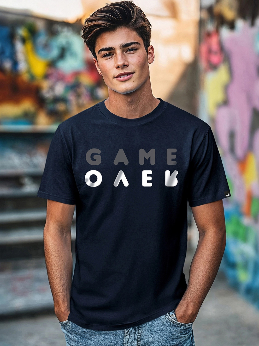 Bewakoof Men Navy Blue Game Over Printed Round Neck Pure Cotton T-shirt