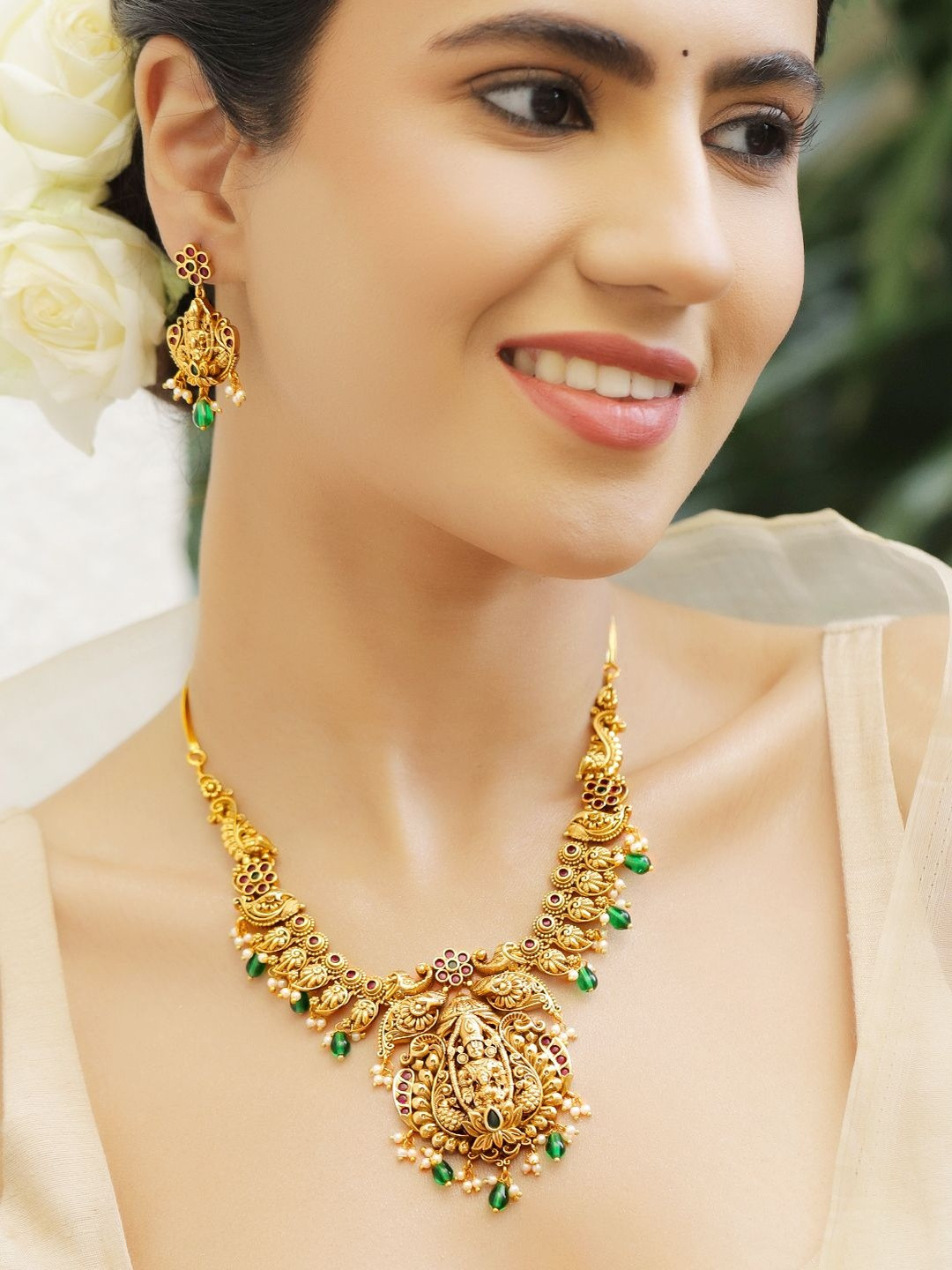 Rubans 22K Gold-Plated CZ, Ruby Red, Green Stones & Pearls Green Bead Temple Jewellery Set