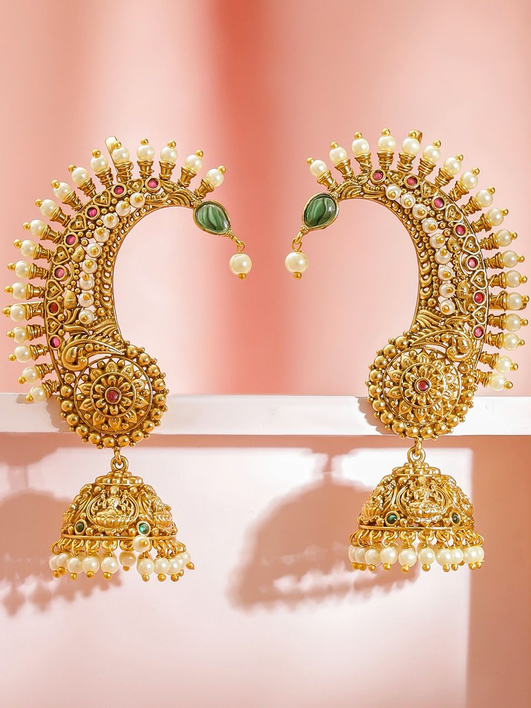 Rubans 24K Gold-Plated Brass Ruby Red, Green & White Pearl Temple Earcuff Jhumka Earrings