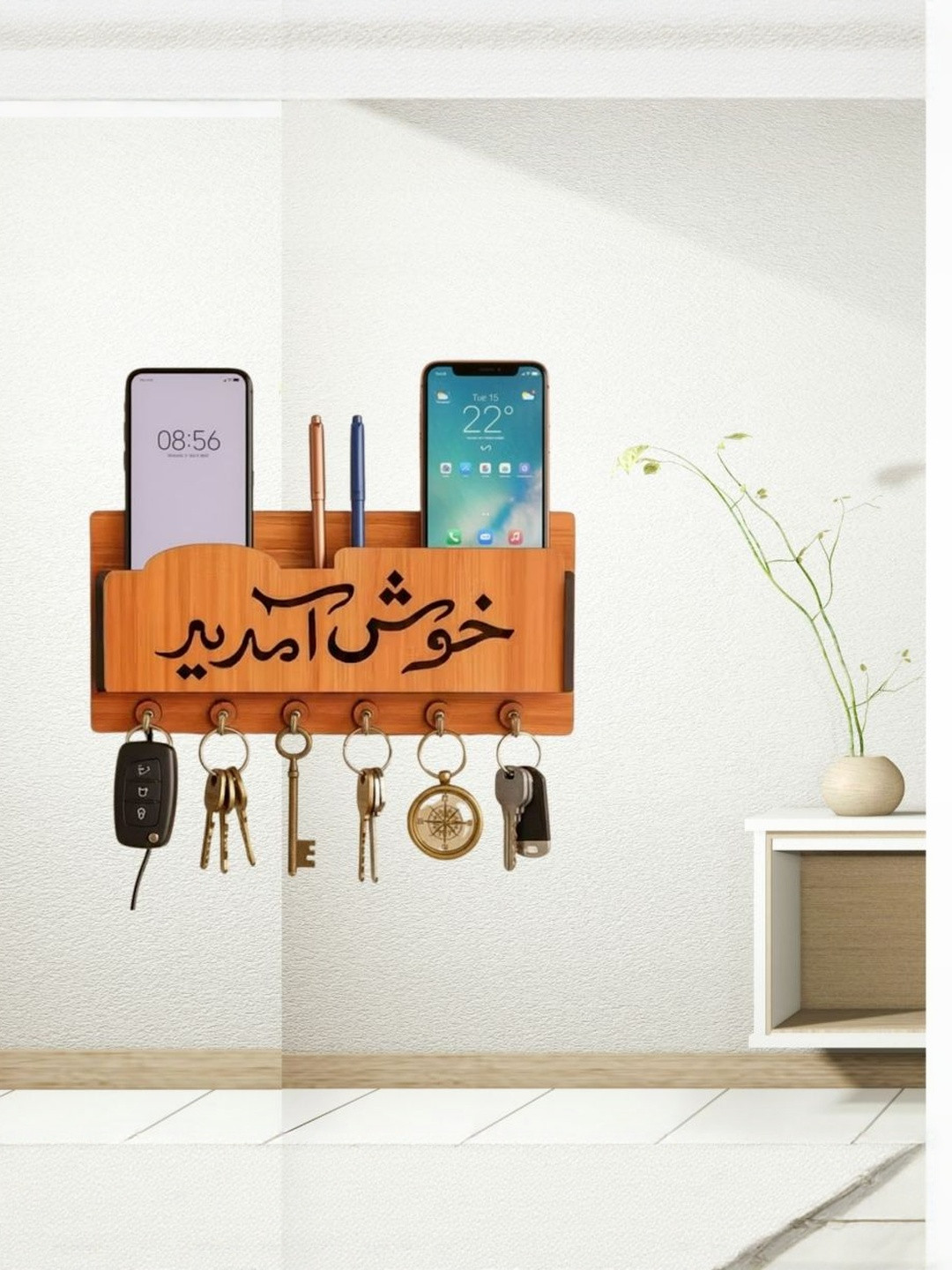 Sushobhat traders Brown Khush Aam DinIslamic-Patterned Wooden 6-Hooks Key Holder