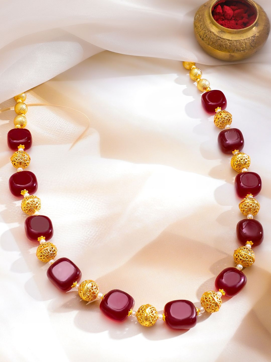 Rubans 22K Gold-Plated Ruby Red Beaded Necklace with Golden Filigree Bead Detailing
