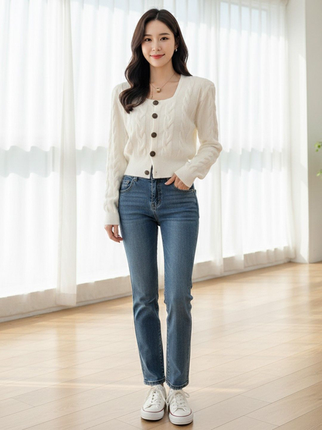 HERE&NOW Women Cable Knit Square Neck Cashmere Cardigan