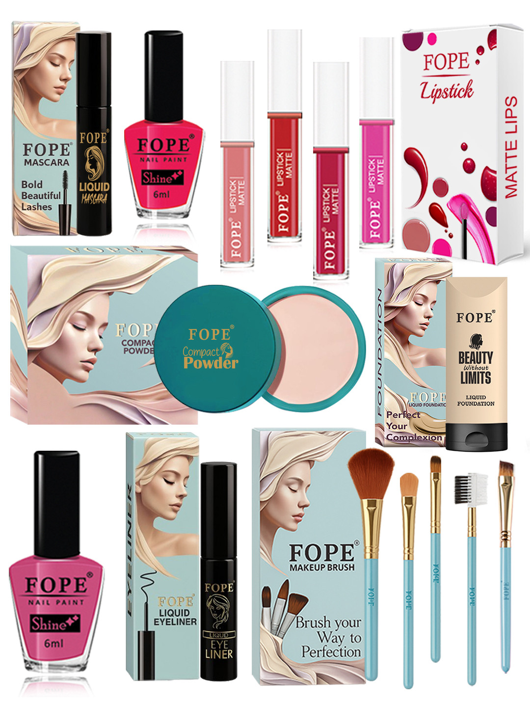 FOPE Set Of 15 Long Lasting Smudge Proof Lightweight Shine Control Makeup Combo