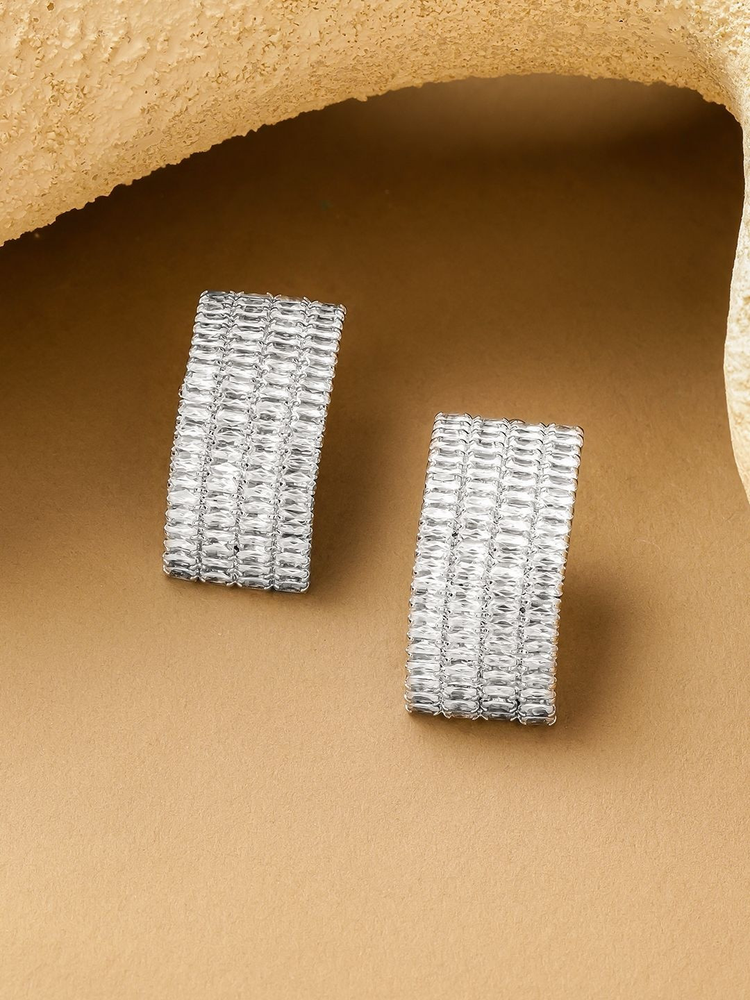 Rubans Rhodium-Plated Crystal Studded  Geometric Shapped Half Hoop Earrings