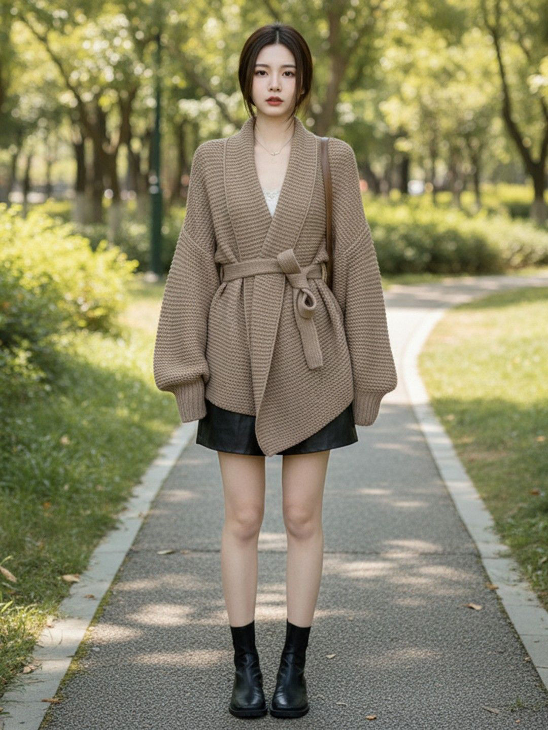 HERE&NOW Women Self Design Shawl Collar Longline Cardigan with Belted Detail