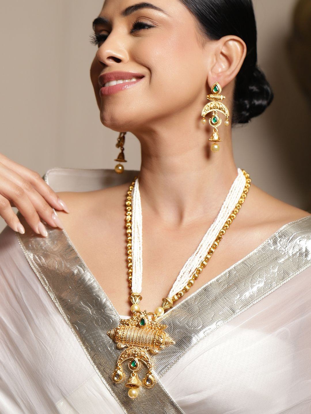 Rubans 22K Gold-Plated Green & White Kundan Pearls & Golden Beads Multistrand Necklace Set