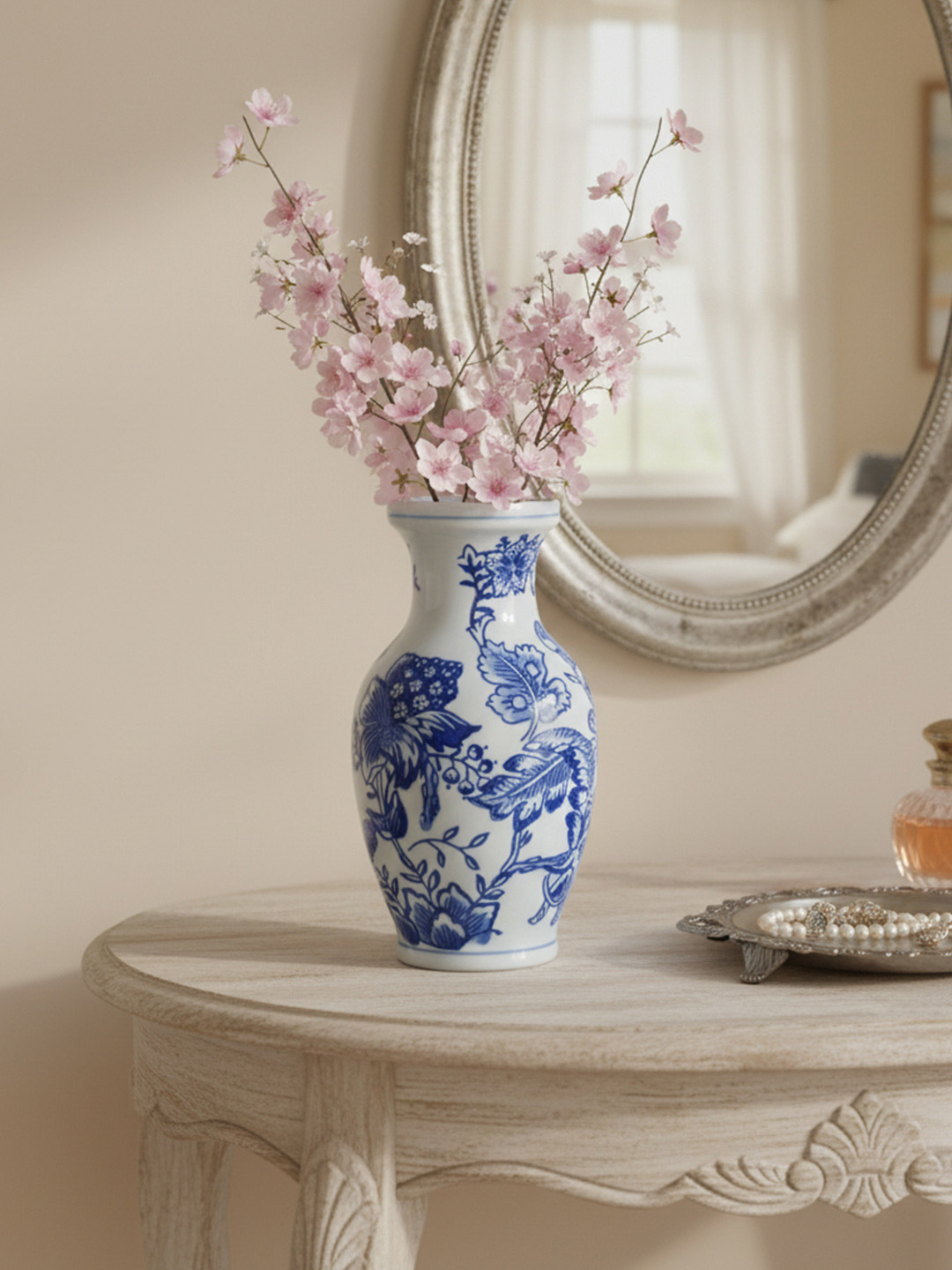 The Decor Lane White & Blue Floral Printed Ceramic Pottery Vase