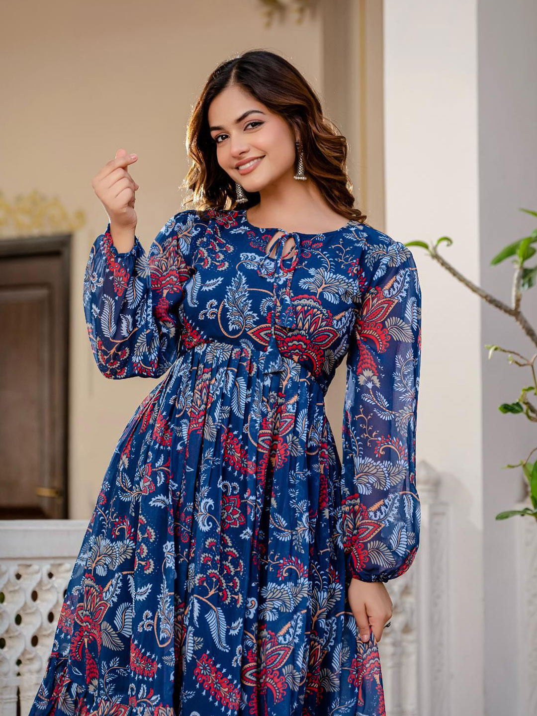 Tilton Women Printed Puff Sleeve Georgette Fit & Flare Dress