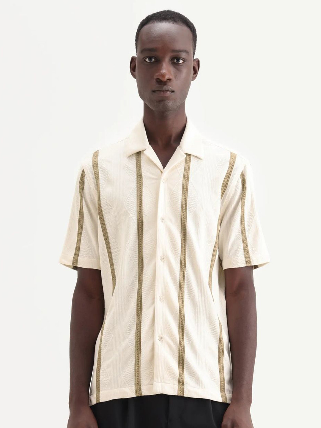 RARE RABBIT Geometric Self Design Cuban Collar Relaxed Fit Casual Shirt