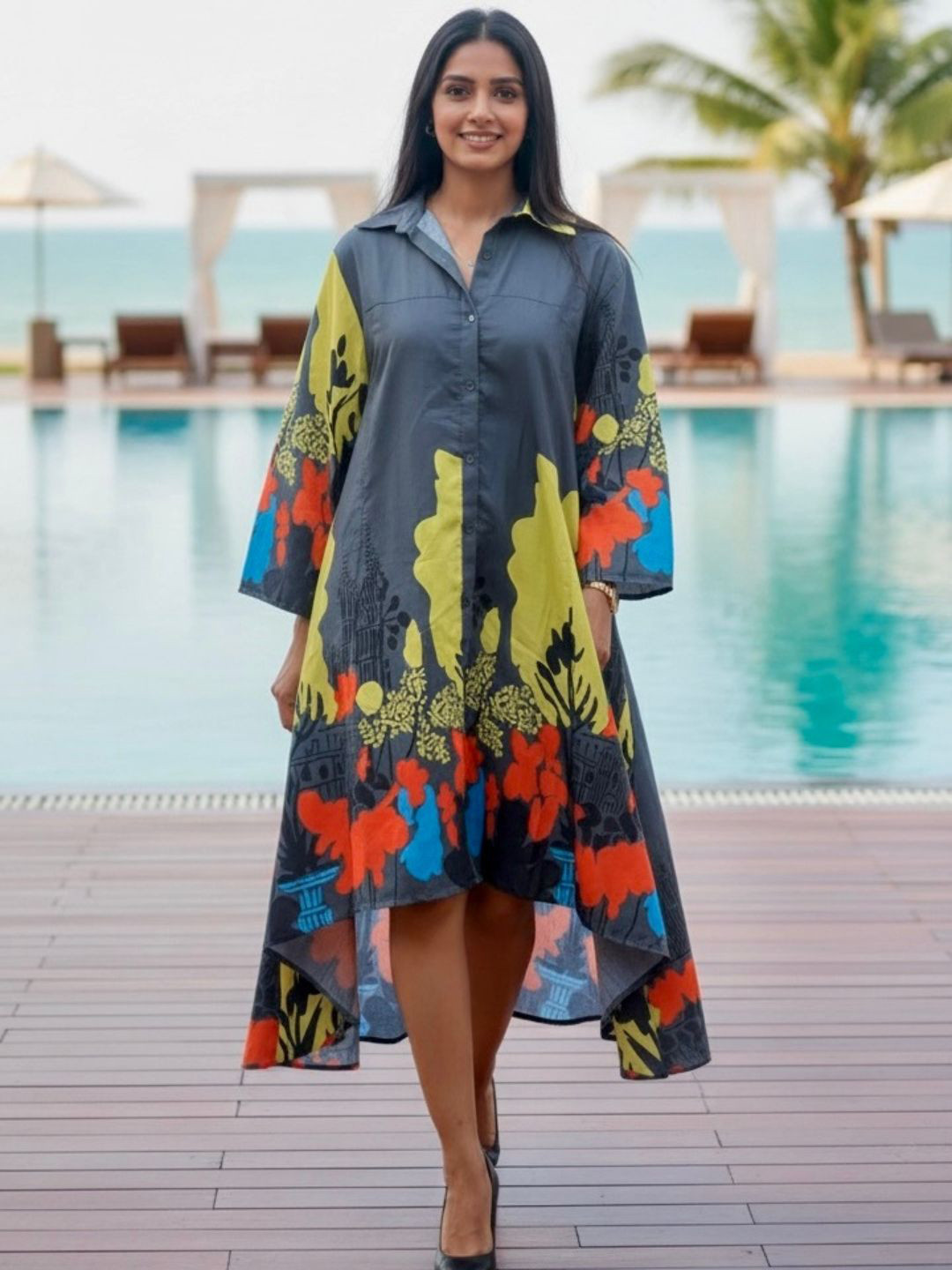 PIAAH Print Shirt Midi Dress