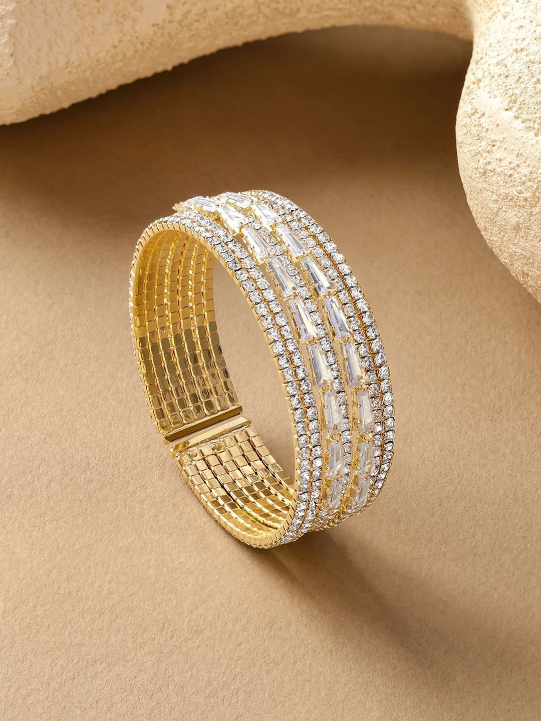 Rubans 18K Gold-Plated Brass Baguette & Round Cubic Zirconia Multilayer Bracelet