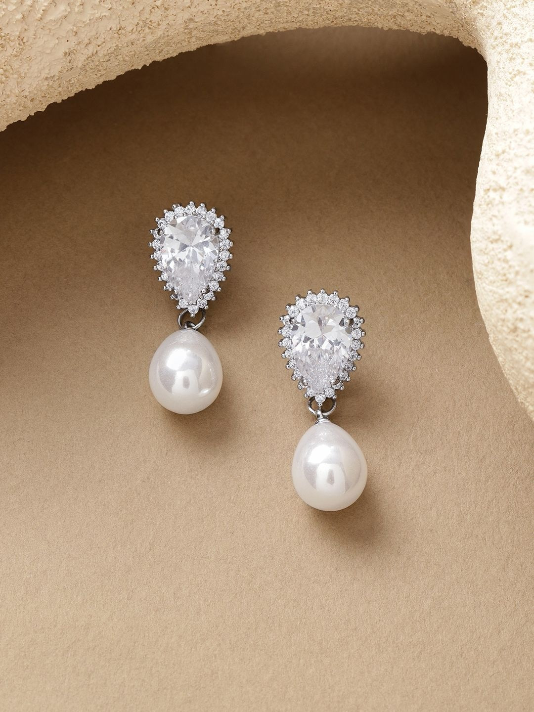 Rubans Voguish Rhodium-Plated Cubic Zirconia Studded & Pearls Teardrop Drop Earrings
