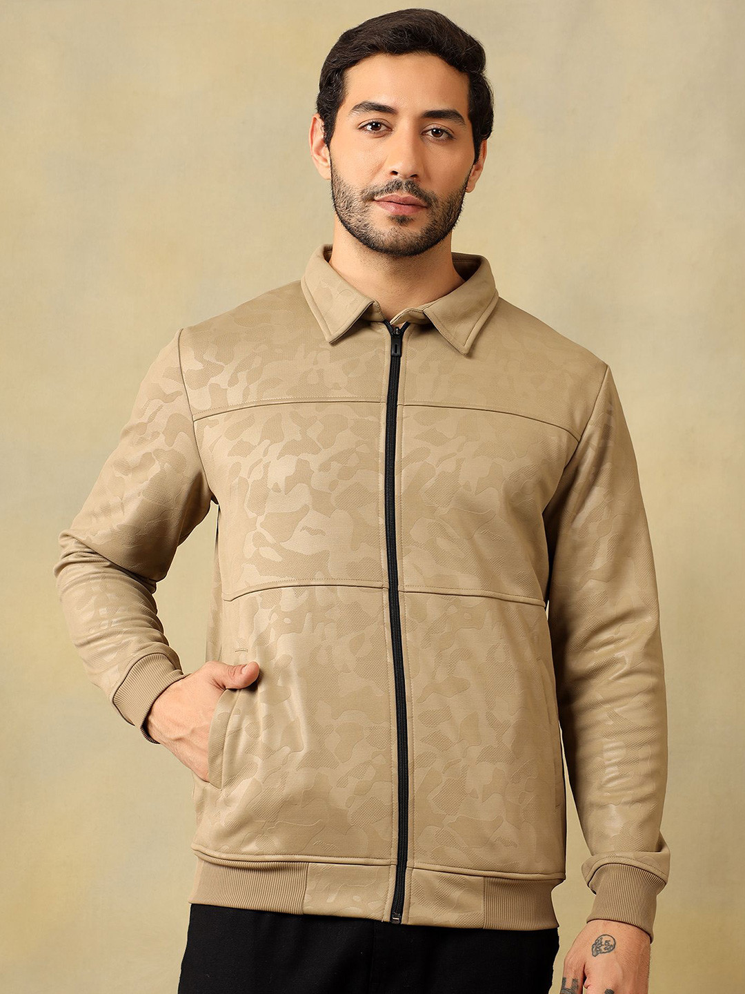 Unicus Apparel Men Beige Self Design Shirt Collar Sweatshirt