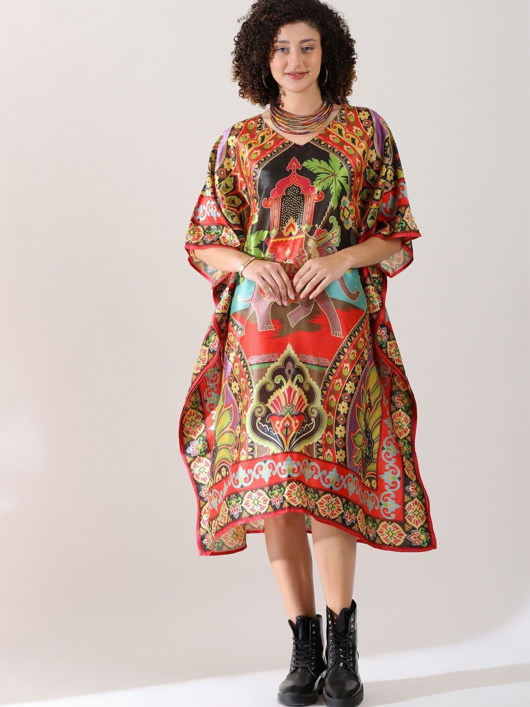 PIAAH Exotic Elephant & Mandala Print Multi-Color Bohemian Tunic Kaftan Dress