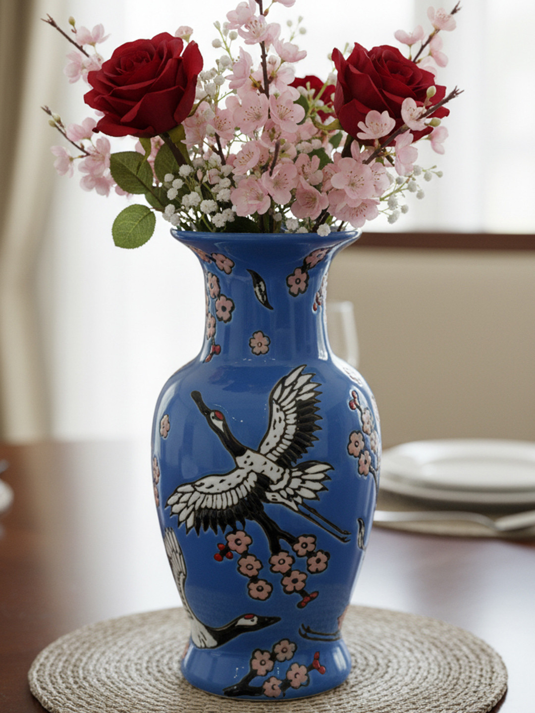 The Decor Lane Blue & Black Printed Ceramic Pottery Vase
