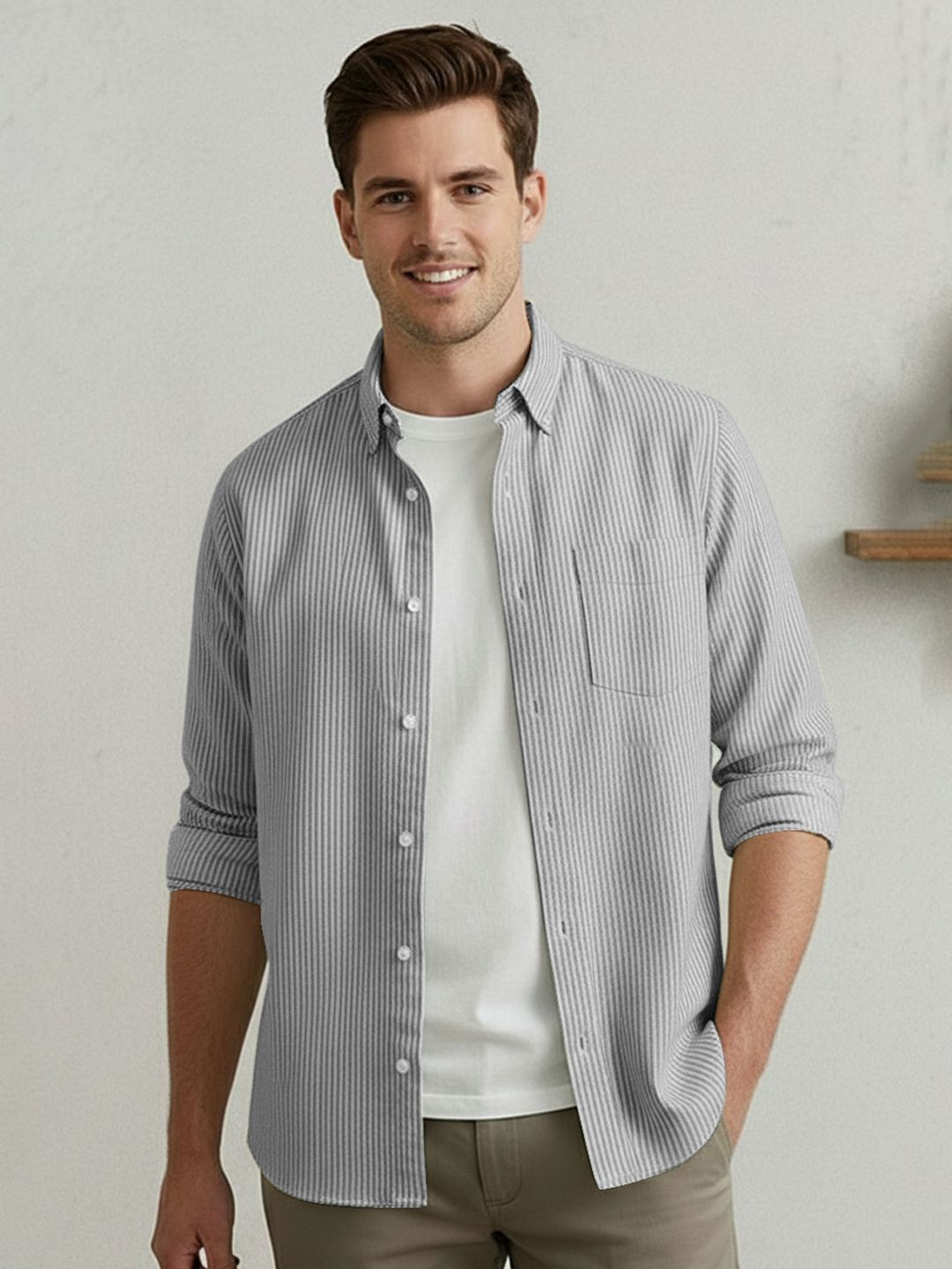 Urbano Fashion Men Sheer Striped Casual Shirt