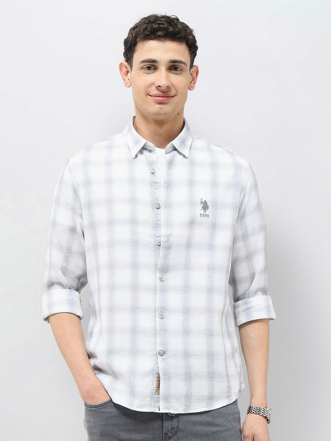 U.S. Polo Assn. Denim Co. Men Slim Fit Checked Spread Collar Cotton Casual Shirt
