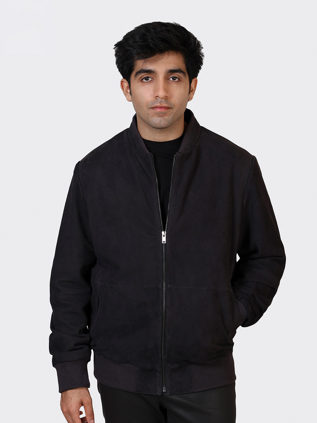 HUE & HIDE Men Stand Collar Solid Checked Bomber Suede Leather Jacket
