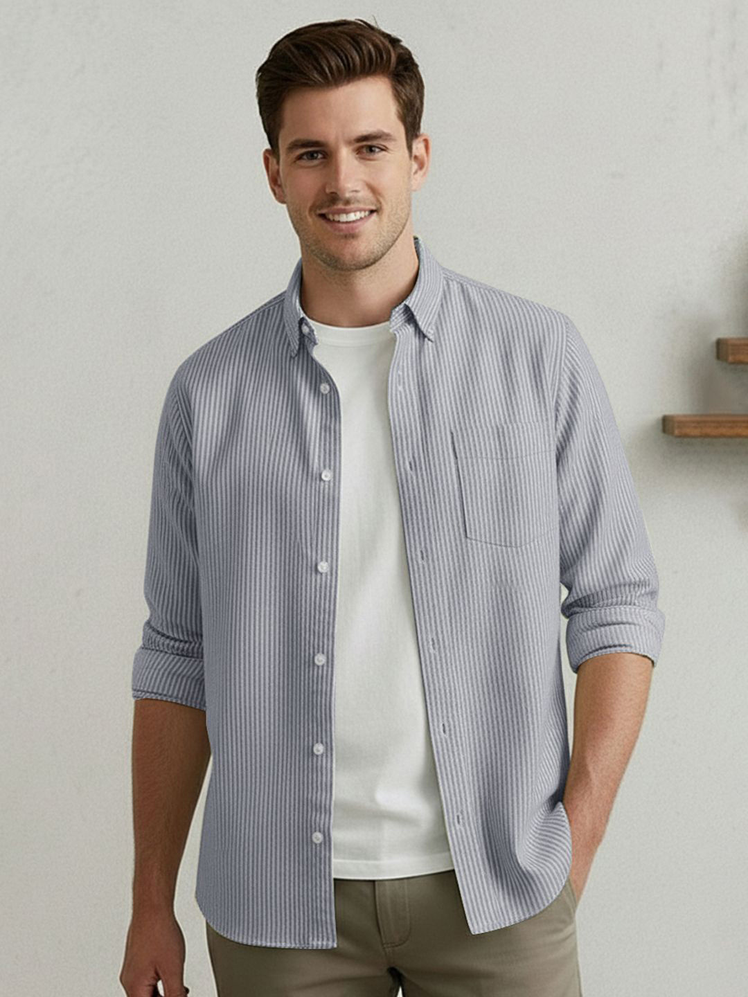 Urbano Fashion Men Sheer Striped Casual Shirt