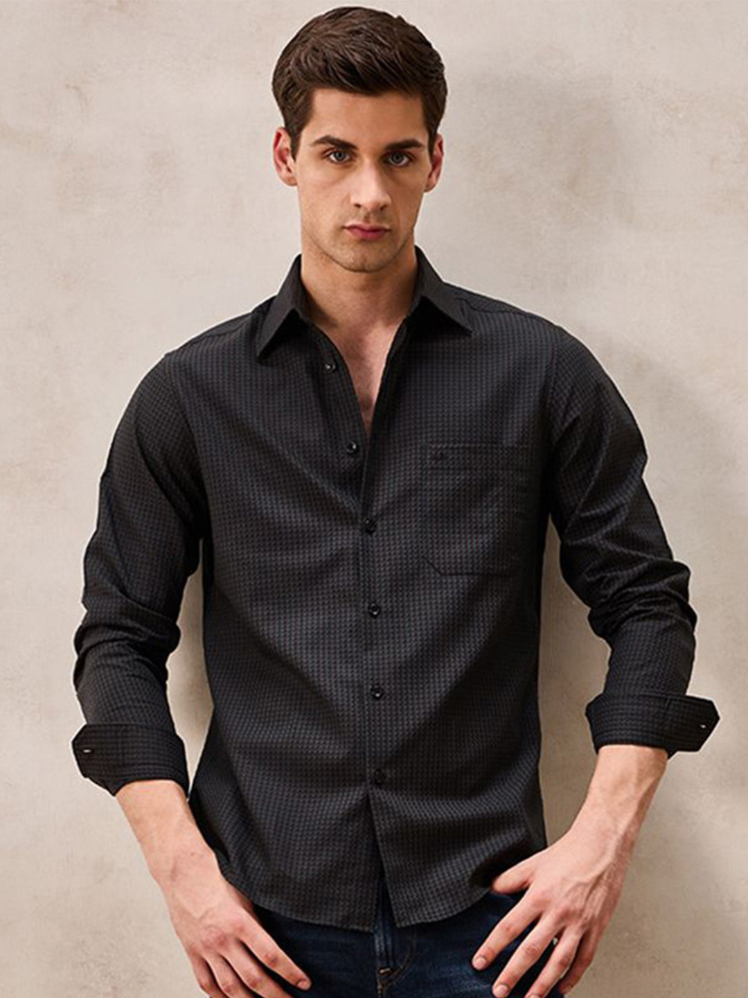 Aldeno Spread Collar Geometric Textured Standard Long Sleeves Pure Cotton Shirt