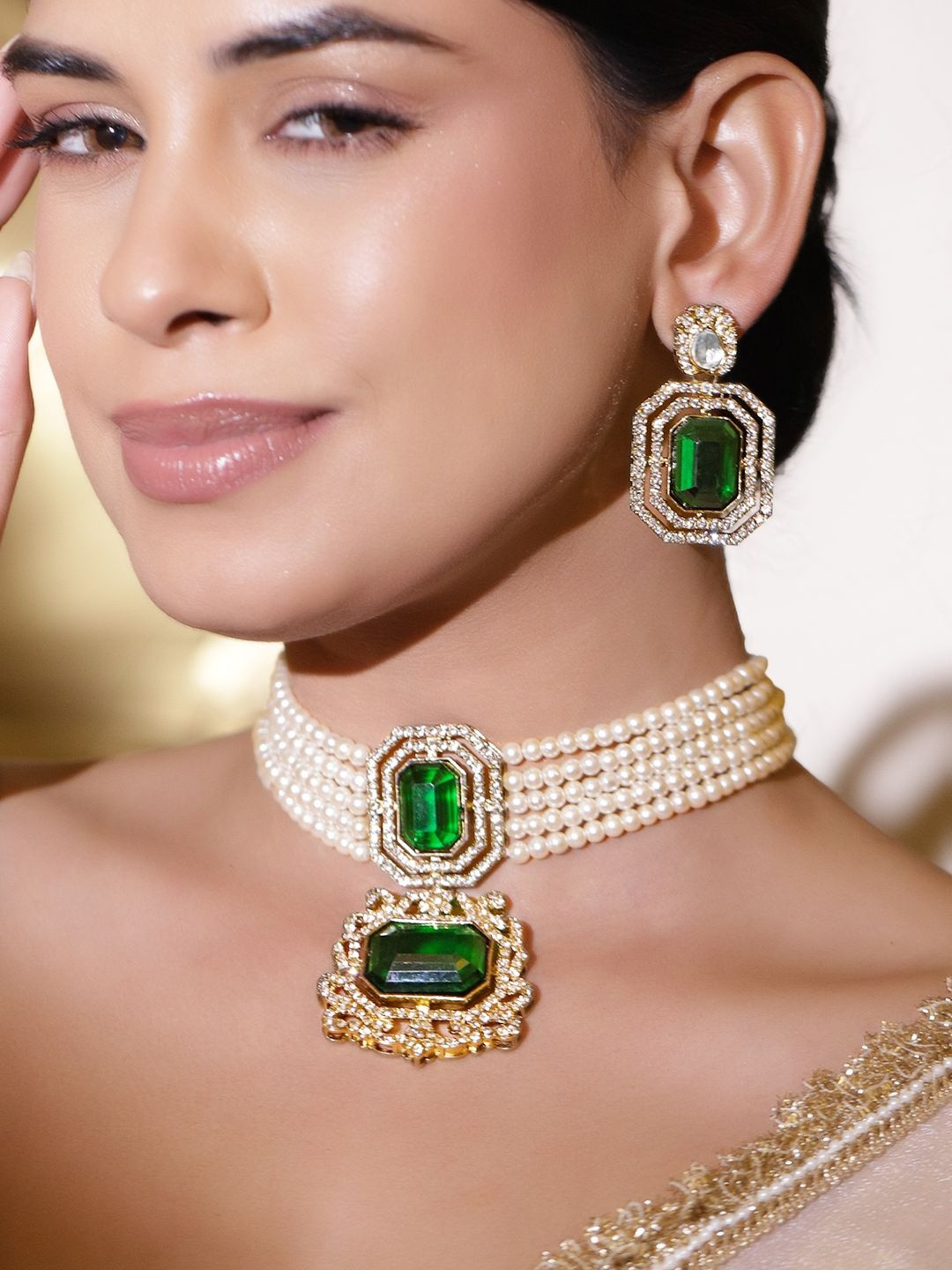 Rubans 22K Gold-Plated Emerald Green Stones & Cubic Zirconia Pearl Choker Necklace Set