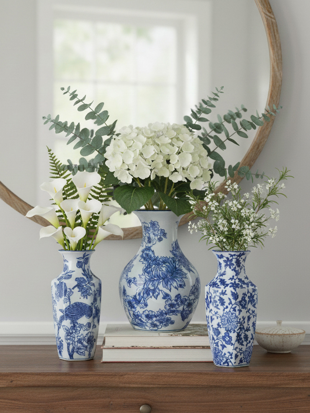 The Decor Lane White & Blue 3 Pieces Floral Printed Ceramic Pottery Vase