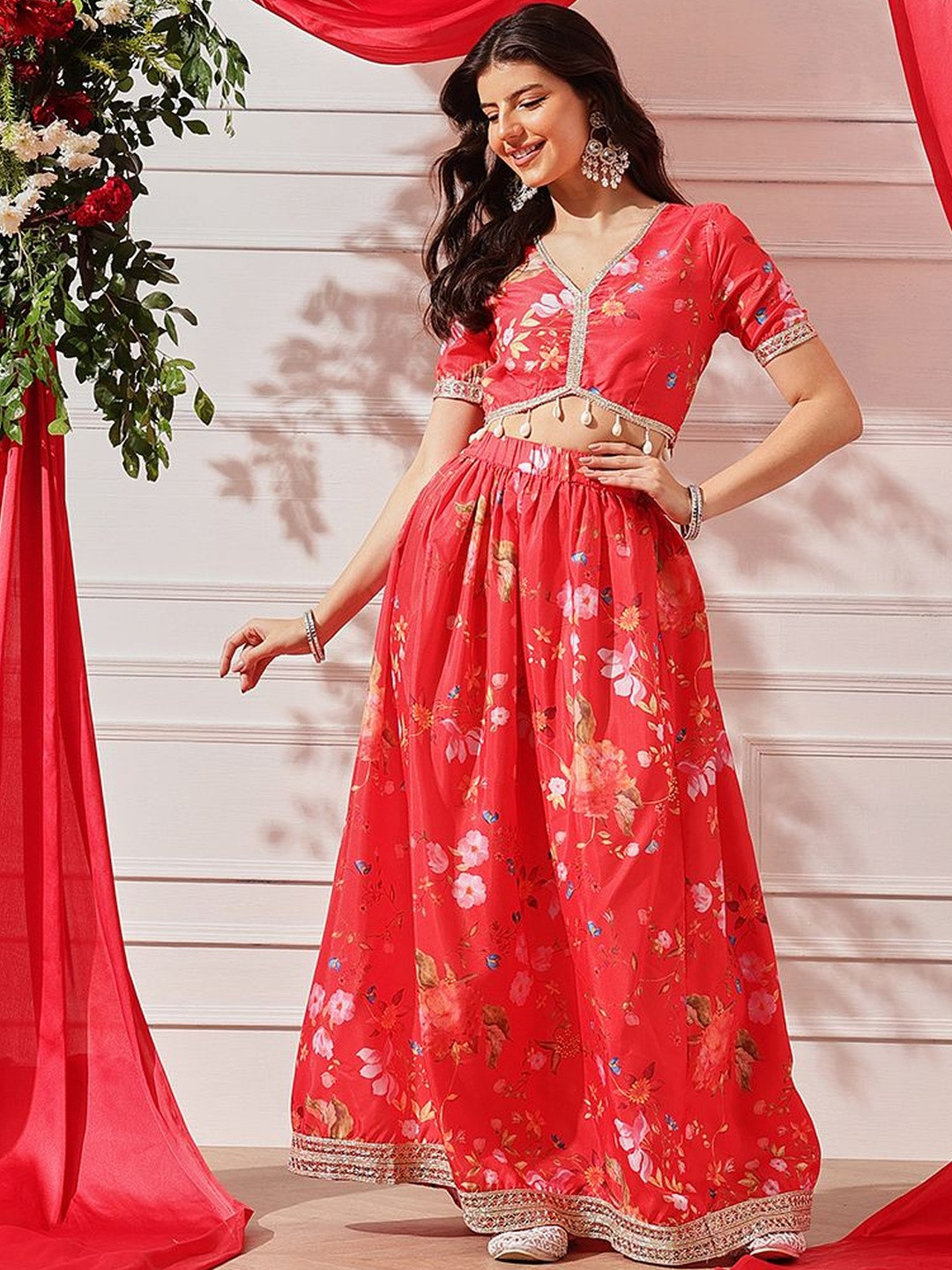 indo street Printed V-Neck Chanderi Top With Skirt