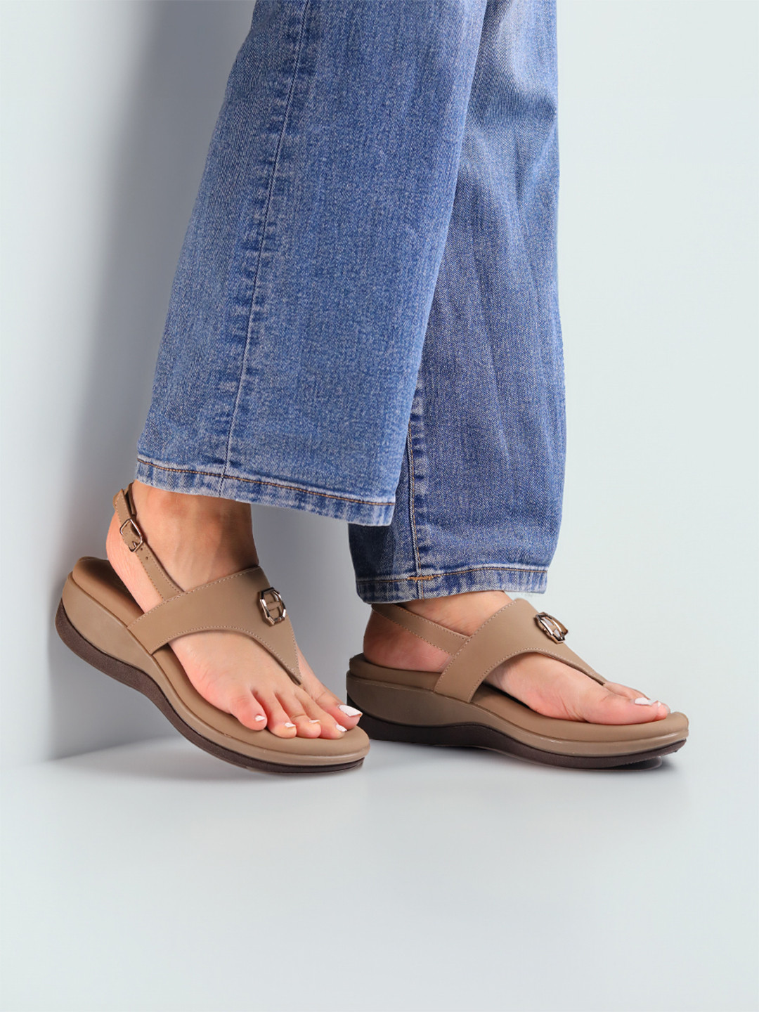 Monrow Women Ankle Loop Open Toe Wedge Sandals with Buckles