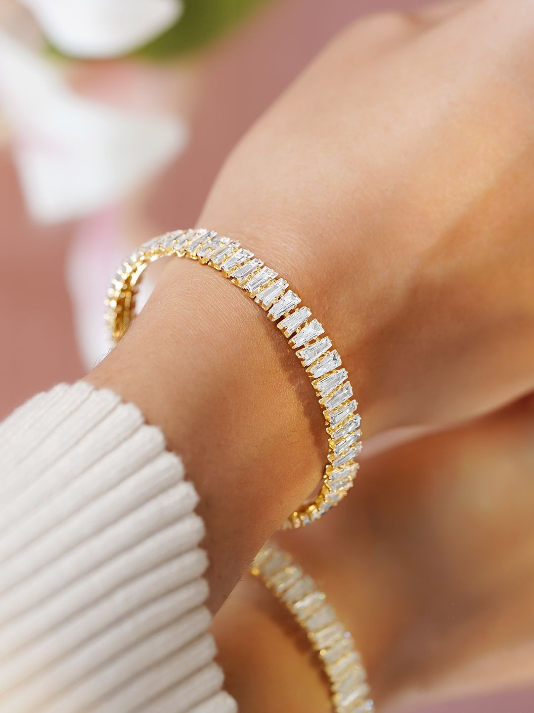 Rubans 18K Gold-Plated Brass Baguette-Cut Crystal AD Stones Openable Cuff Bracelet