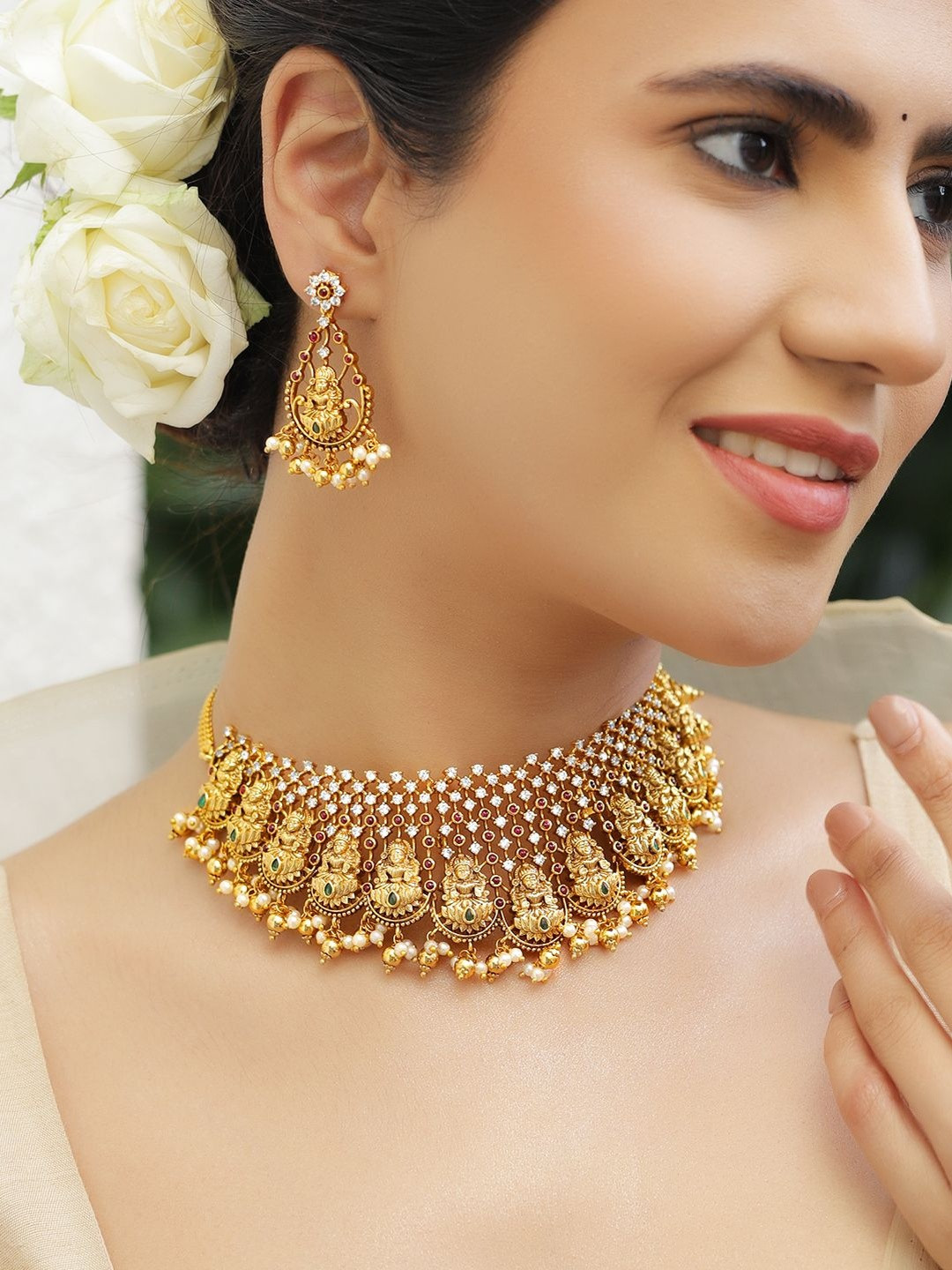Rubans 22K Gold-Plated Ruby, Green & CZ Temple Choker Set with Gold & White Pearl Beads